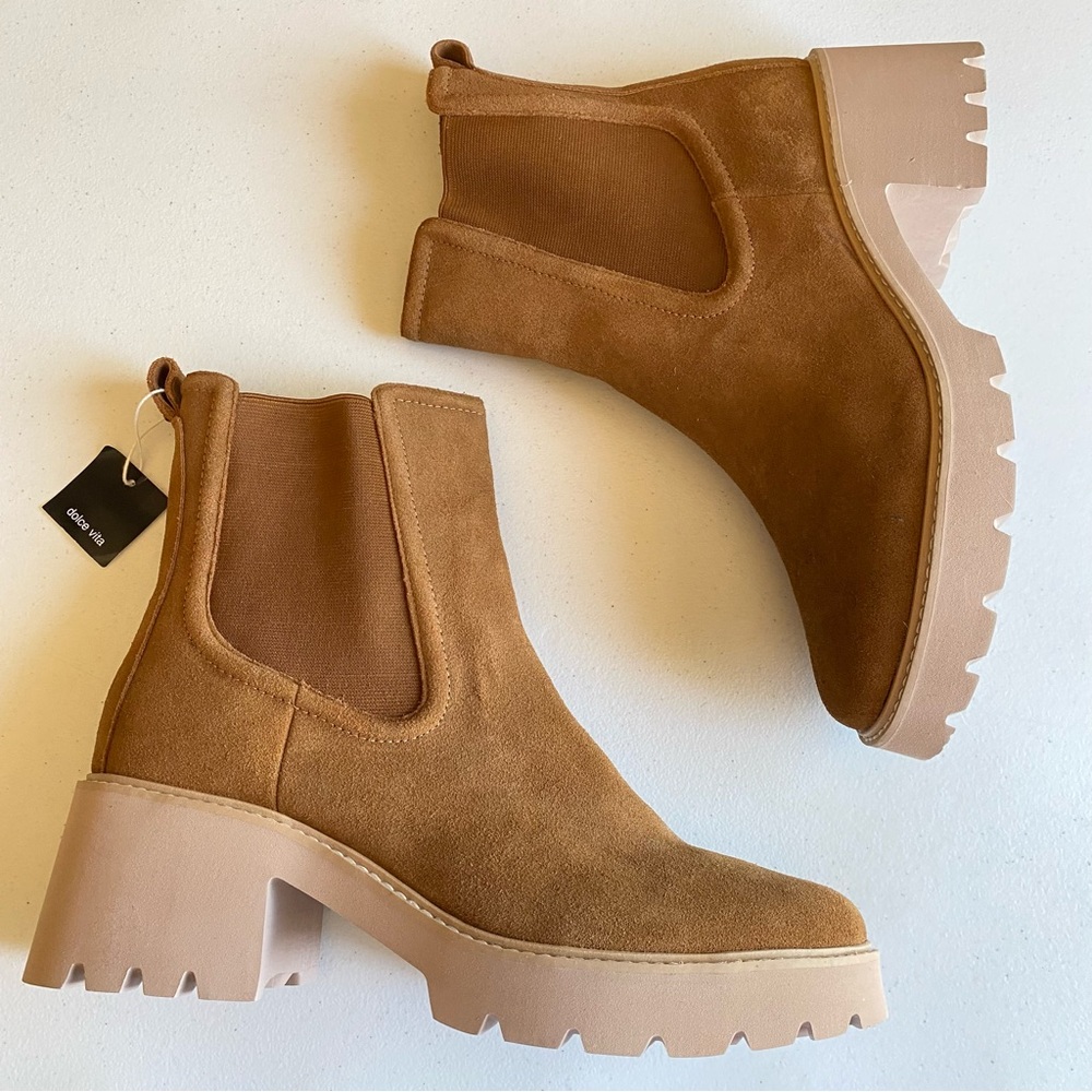 Dolce Vita NWT Size 12 Tan Suede Leather Almond Toe Elastic Slip-on Block Boot